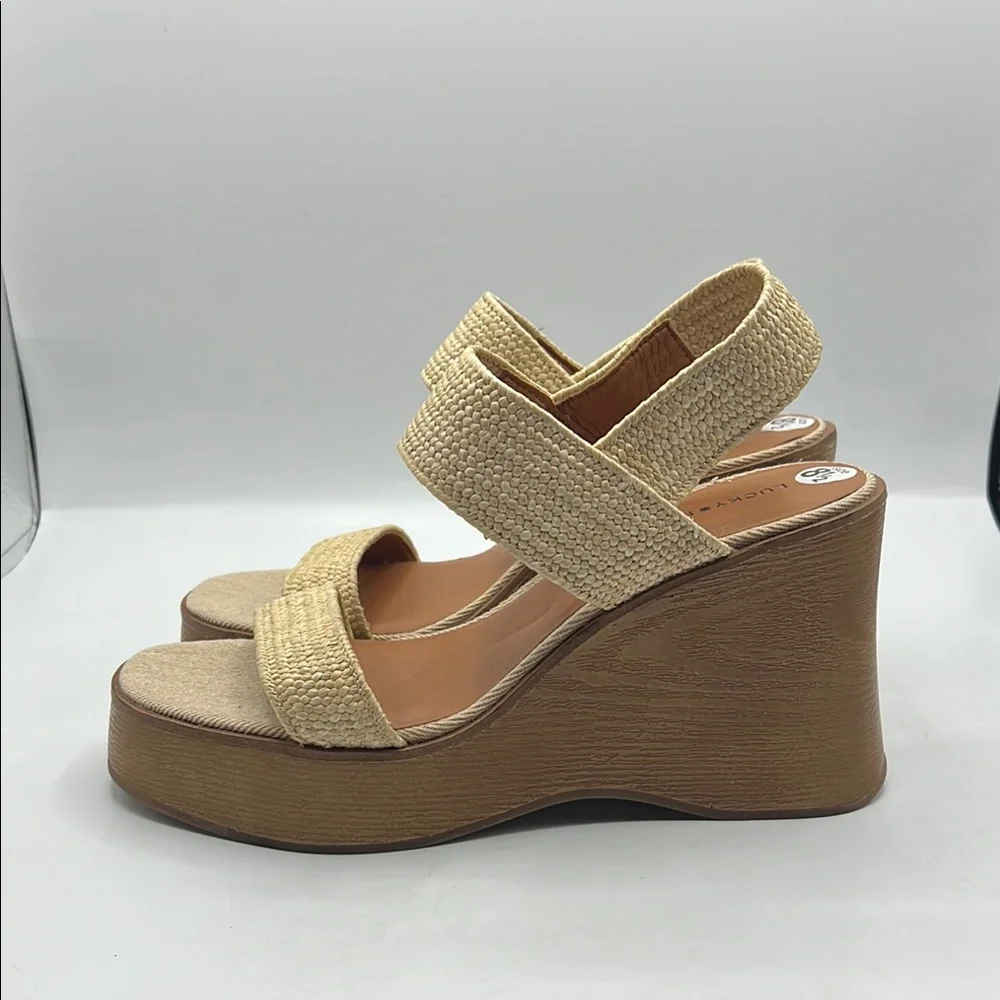 Lucky Brand 8 1/2 Delukah Platform Wedge Sandals Cream Brown Wedge Slingback NEW